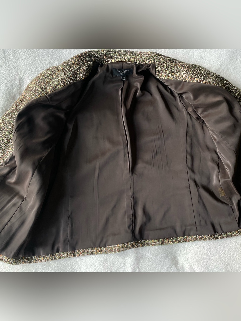 Talbots Tweed Boucle Jacket Brown Green Button Front 12P - Picture 13 of 16